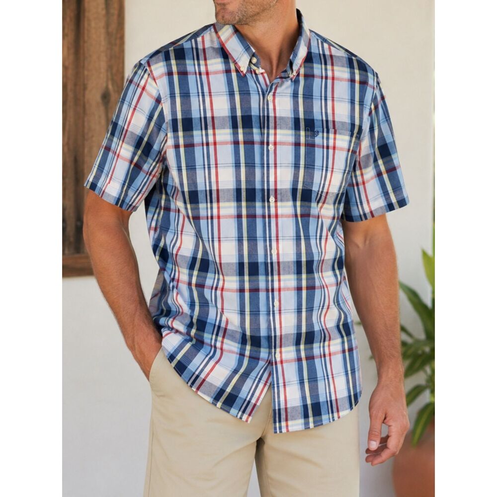 Chaps Easy Care Plaid Button Down Shirt XL Blue Short Sleeve Cotton Blend Casual